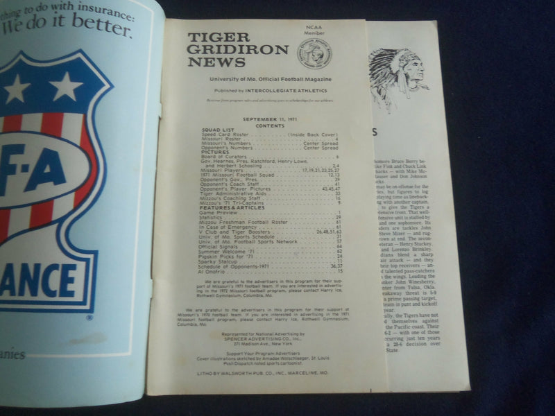 1971 SEPTEMBER 11 FOOTBALL PROGRAM - UNIV OF MISSOURI VS STANFORD UNIV -ST 1116A