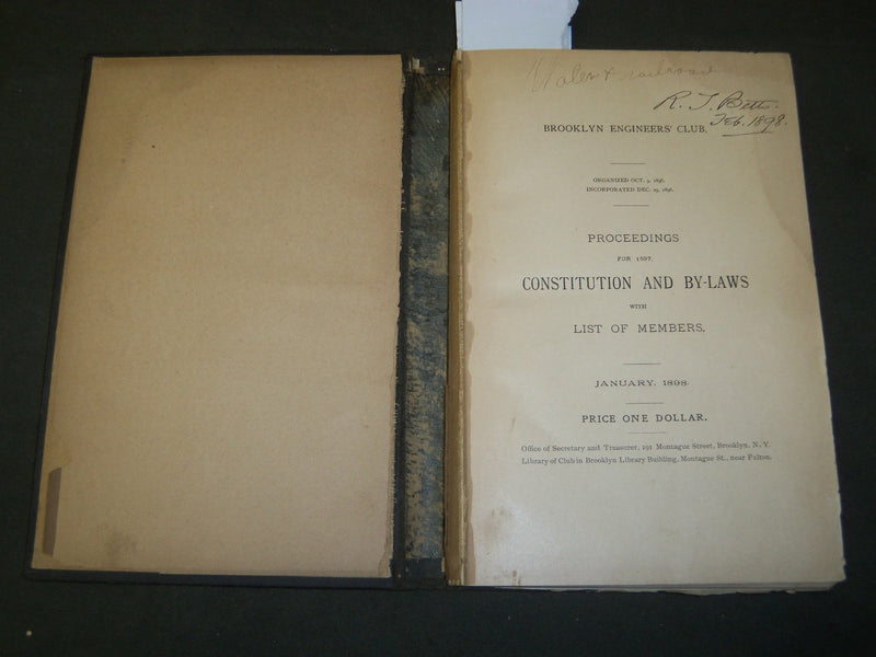 1897 BROOKLYN ENGINEERS' CLUB PROCEEDINGS CONSTITUTION AND BY-LAWS - KD 5727