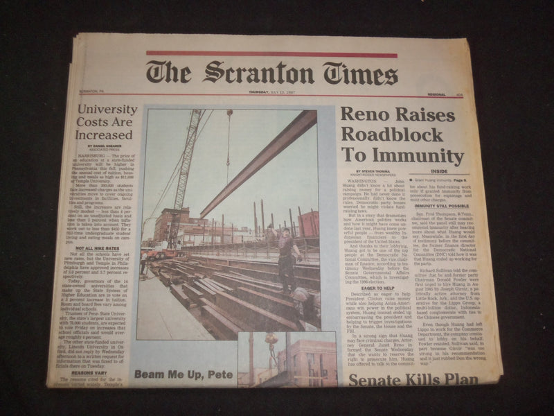 1997 JULY 10 THE SCRANTON TIMES NEWSPAPER-JANET RENO IMMUNITY ROADBLOCK- NP 8373