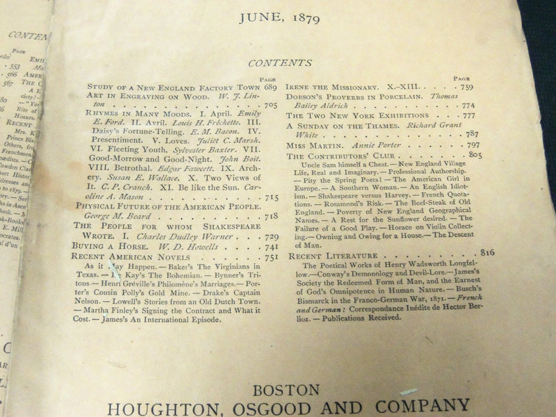 1879 THE ATLANTIC MONTHLY MAGAZINE LOT 7 ISSUES - STORIES & ARTICLES - WR 423