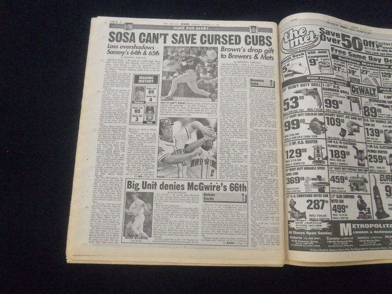 1998 SEP 24 NEW YORK POST NEWSPAPER - SAMMY SOSA HITS HR #S 64 & 65 - NP 6076