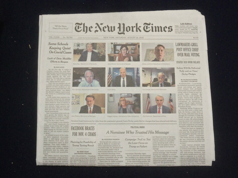 2020 AUGUST 22 NEW YORK TIMES-LAWMAKERS GRILL POST OFFICE CHIEF OVER MAIL VOTING