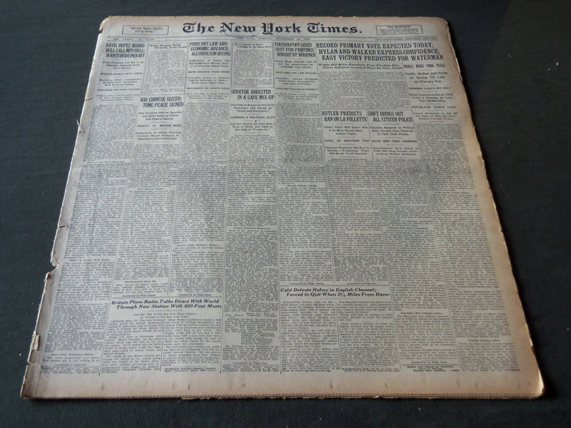 1925 SEPTEMBER 15 NEW YORK TIMES - RECORD PRIMARY VOTE EXPECTED TODAY - NT 7182