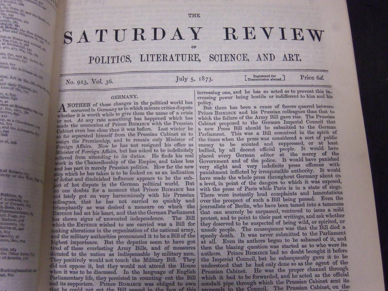 1873 JULY-DECEMBER SATURDAY REVIEW BOUND VOLUME - PUBLISHED IN LONDON - R 1145