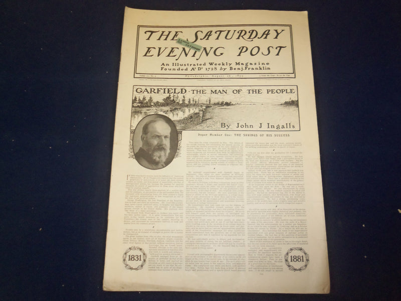 1899 AUGUST 26 THE SATURDAY EVENING POST MAGAZINE - JAMES A. GARFIELD - B 6715