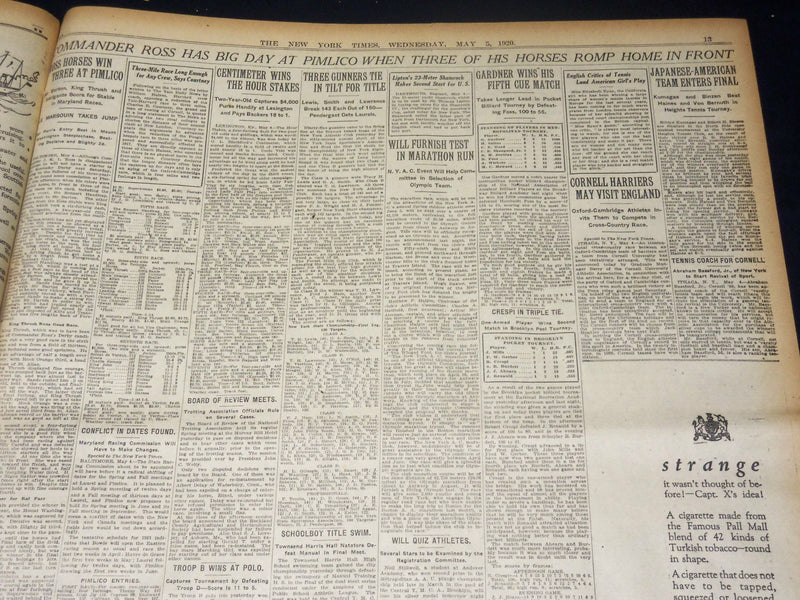 1920 MAY 5 NEW YORK TIMES NEWSPAPER - WOOD LEADS JOHNSON IN INDIANA - NT 8668