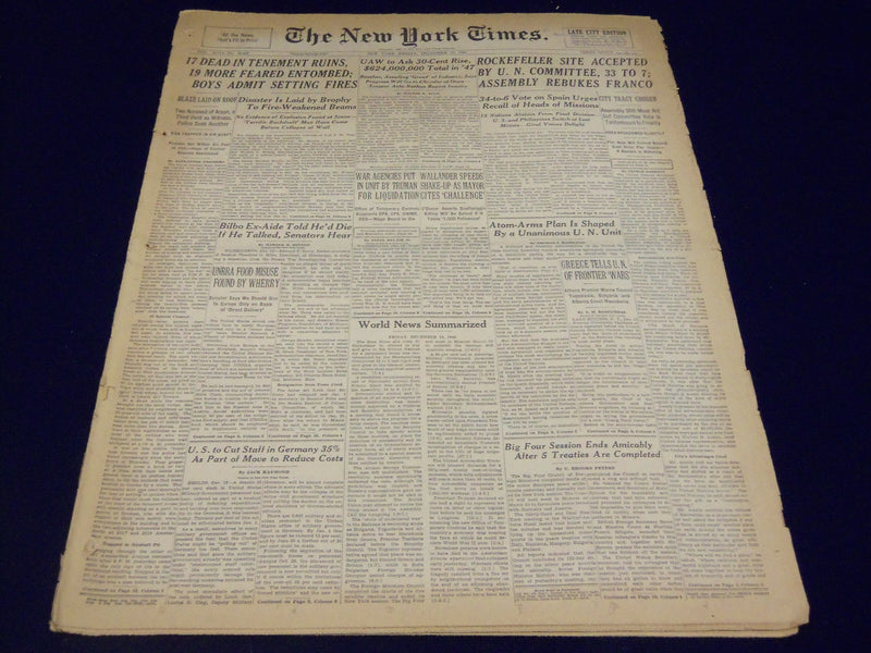 1946 DEC 13 NEW YORK TIMES - ROCKEFELLER SITE ACCEPTED U. N. COMMITTEE - NT 843