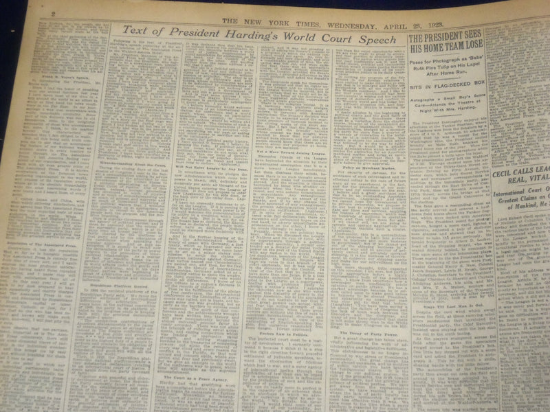1923 APRIL 25 NEW YORK TIMES - HARDING RENEWS PLEA FOR WORLD COURT - NT 8351