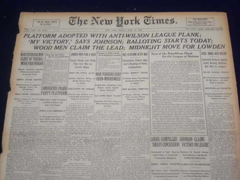 1920 JUNE 11 NEW YORK TIMES - ANTI-WILSON LEAGUE PLANK ADOPTED - NT 9111