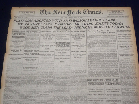 1920 JUNE 11 NEW YORK TIMES - ANTI-WILSON LEAGUE PLANK ADOPTED - NT 9111