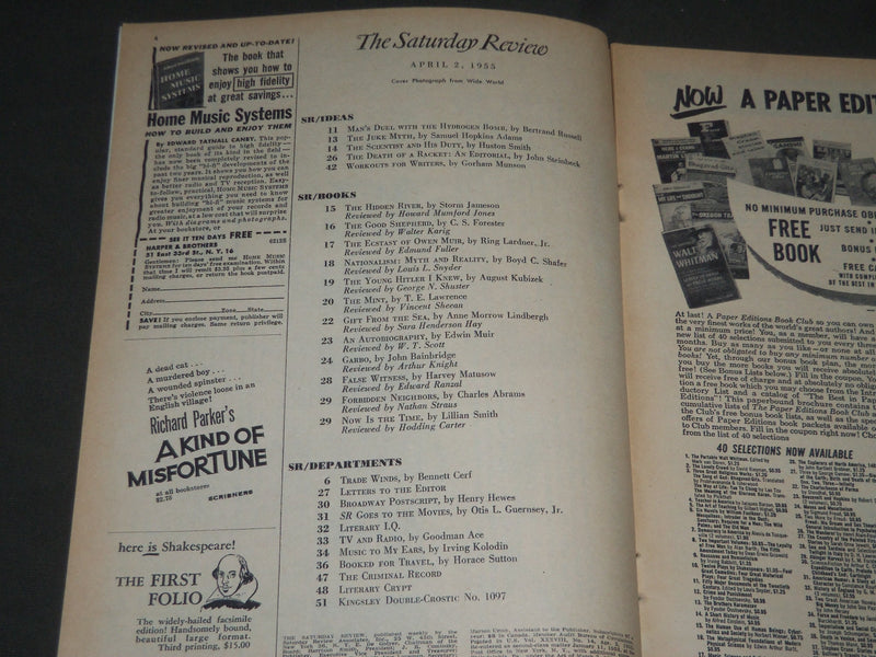 1955 APRIL 2 SATURDAY REVIEW OF LITERATURE MAGAZINE - BERTRAND RUSSELL - ST 4944
