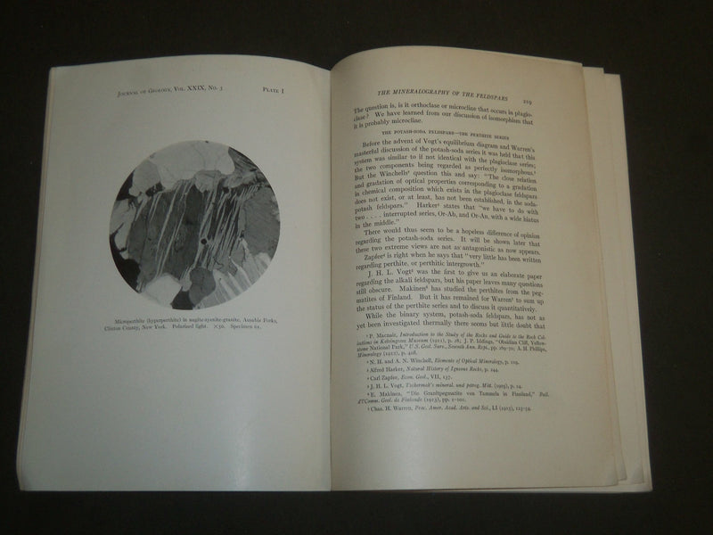 1921 THE MINERALOGRAPHY OF THE FELDSPARS BOOK BY HAROLD LATTIMORE ALLING- J 4972