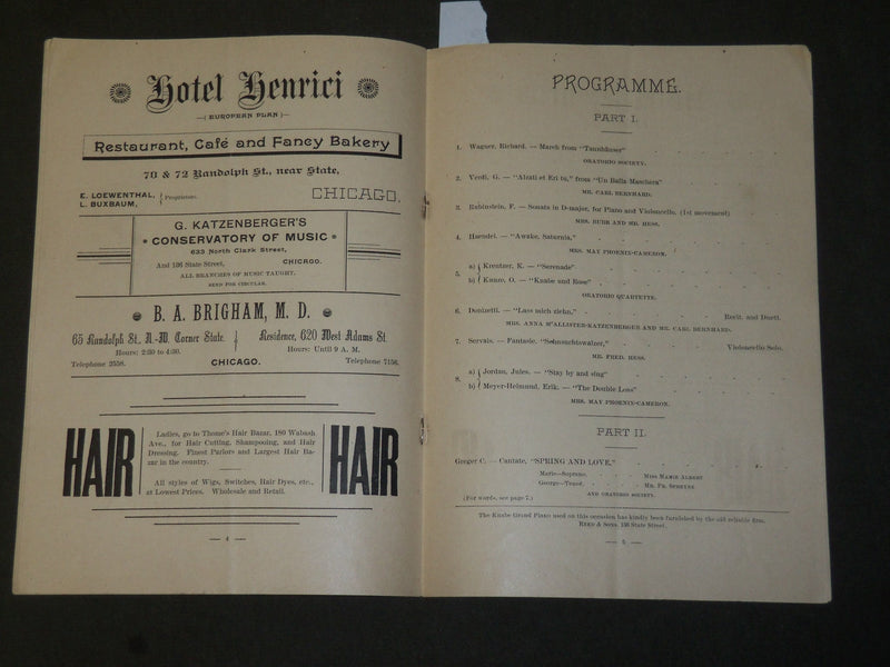 1889 OCTOBER 1 CHICAGO ORATORIO SOCIETY PROGRAM - FIRST GRAND CONCERT - J 3713