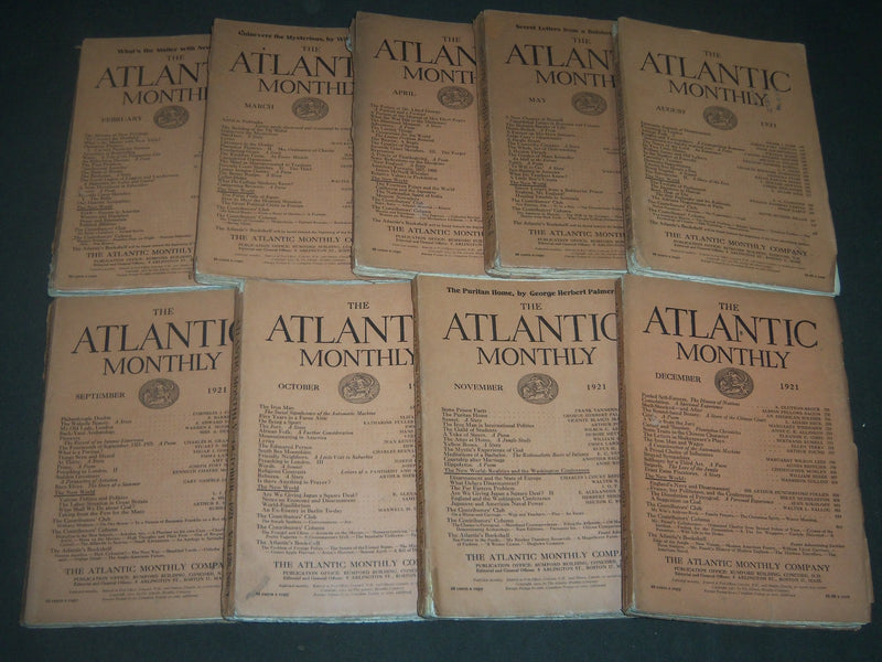 1921 THE ATLANTIC MONTHLY MAGAZINE LOT 9 ISSUES - GREAT COLOR ADS - WR 341D