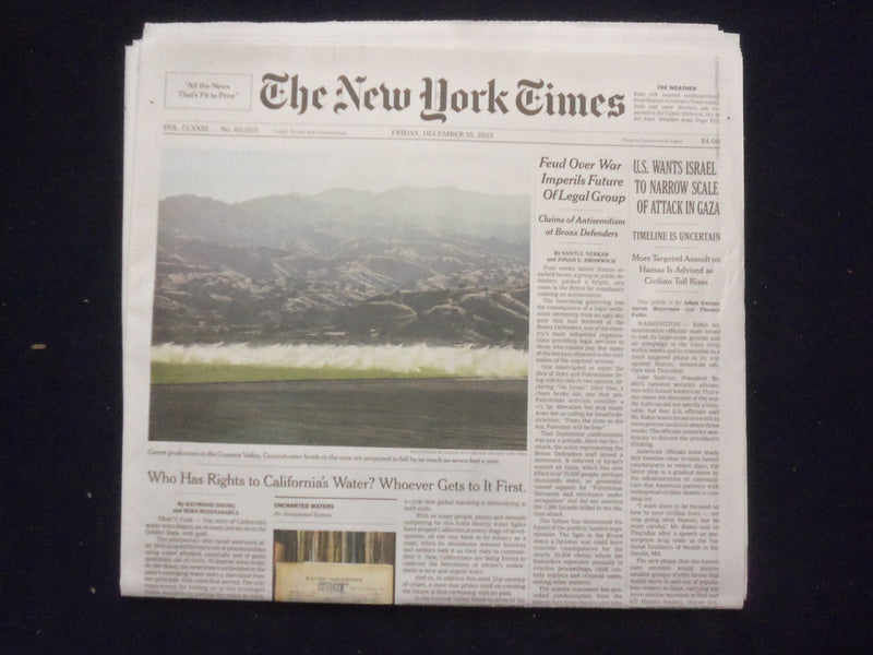 2023 DECEMBER 15 NEW YORK TIMES - U.S. WANTS ISRAEL TO NARROW GAZA ATTACK SCALE