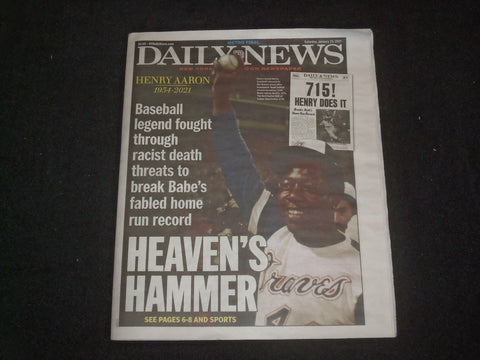 2021 JANUARY 23 NEW YORK DAILY NEWS NEWSPAPER - HENRY AARON DIED (1934-2021)