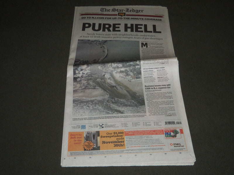 2012 NOVEMBER 1 THE STAR-LEDGER NEWSPAPER - PURE HELL-SANDY STORM - NP 2451