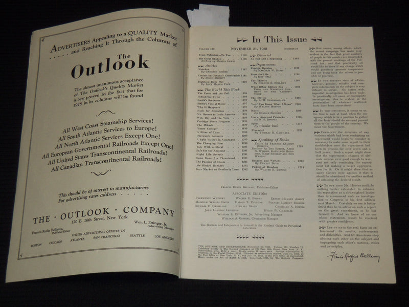 1928 NOVEMBER 21 OUTLOOK AND INDEPENDENT MAGAZINE - MENCKEN - J 7480