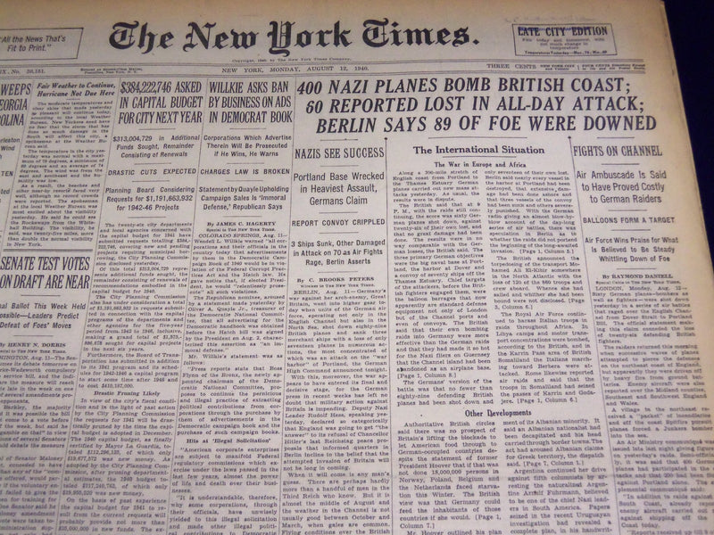 1940 AUGUST 12 NEW YORK TIMES - 400 NAZI PLANES BOMB BRITISH COAST - NT 2536