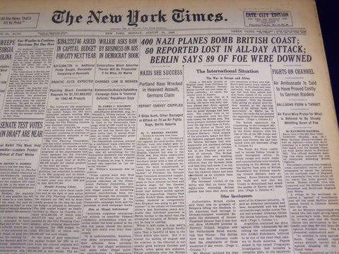 1940 AUGUST 12 NEW YORK TIMES - 400 NAZI PLANES BOMB BRITISH COAST - NT 2536