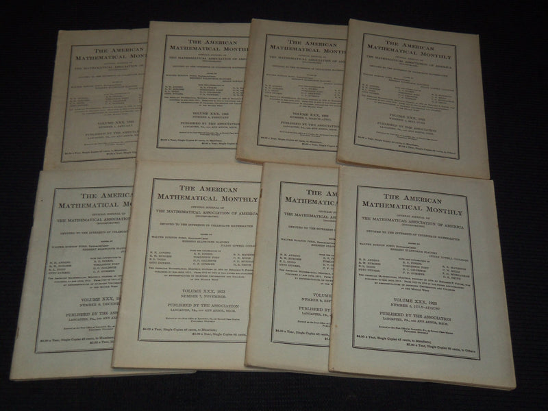 1923 THE AMERICAN MATHEMATICAL MONTHLY MAGAZINE LOT OF 8- COMPLETE YR - WR 277G