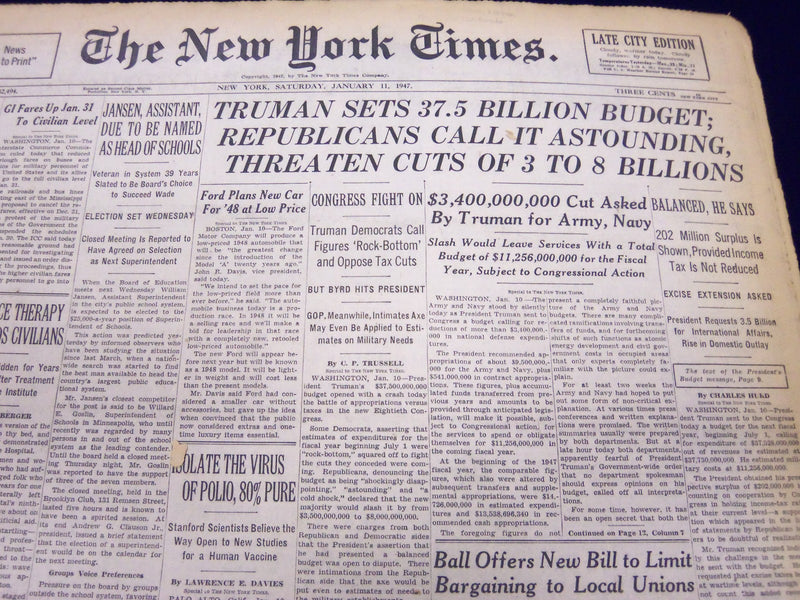 1947 JANUARY 11 NEW YORK TIMES - TRUMAN SETS 37.5 BILLION BUDGET - NT 103