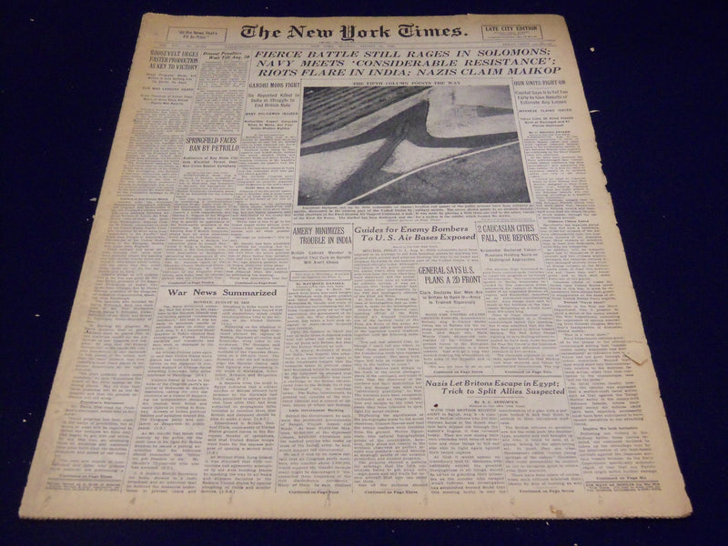 1942 AUG 10 NEW YORK TIMES - RIOTS FLARE IN INDIA NAZIS CLAIM MAIKOP - NT 1537