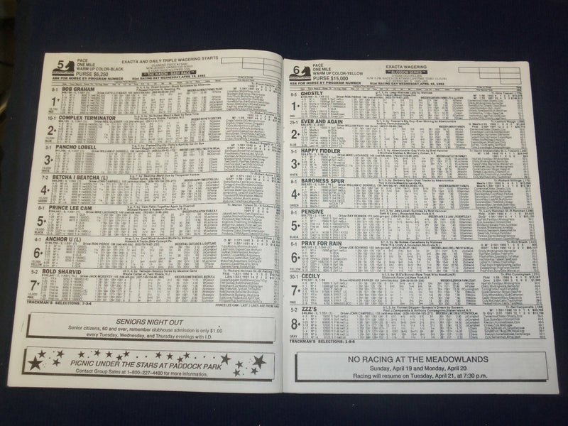1992 APR 15 & 1997 APR 19 THE MEADOWLANDS PROGRAMS-LOT OF 2-HORSE RACING- B 6478