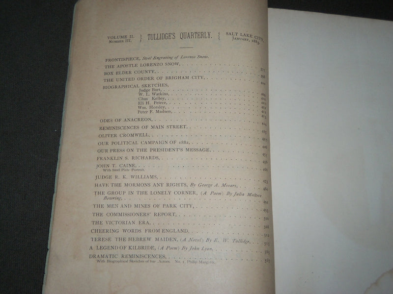 1883 JANUARY TULLIDGE'S QUARTERLY MAGAZINE - EDWARD W. TULLIDGE - J 3359