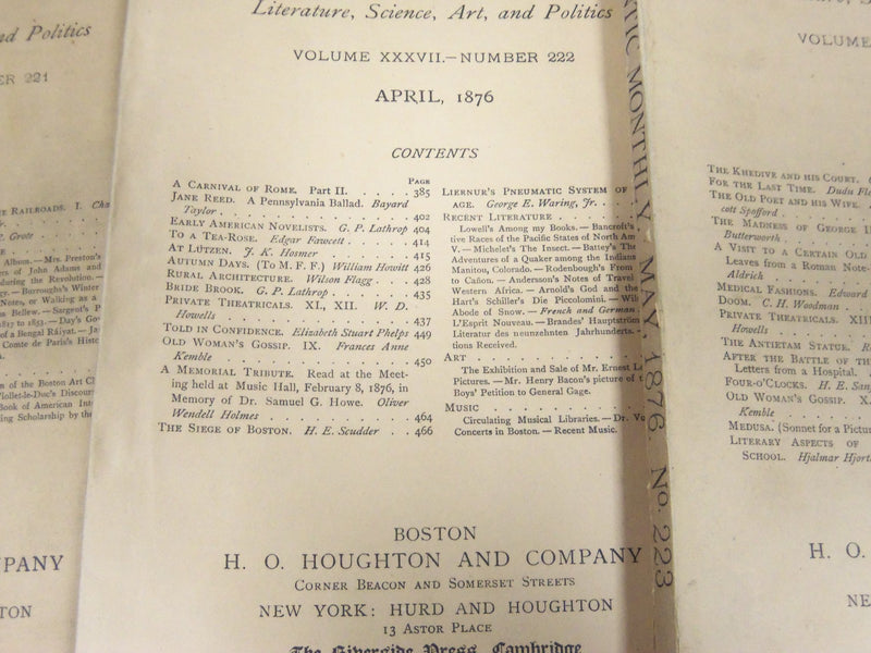 1876 THE ATLANTIC MONTHLY MAGAZINE LOT 7 ISSUES - STORIES & ARTICLES - WR 60