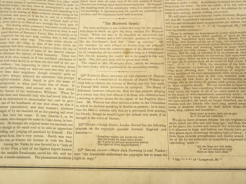1851 APRIL 26 BOSTON MUSEUM NEWSPAPER - HOUSE OF SEVEN GABLES -M. NOAH - NP 9026