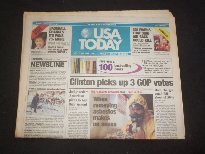 1999 FEBRUARY 11 USA TODAY NEWSPAPER - CLINTON PICKS UP 3 GOP VOTES - NP 8001