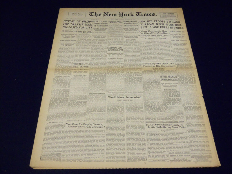 1945 AUG 24 NEW YORK TIMES - 7,500 SKY TROOPS TO LAND IN JAPAN M'ARTHUR - NT 507