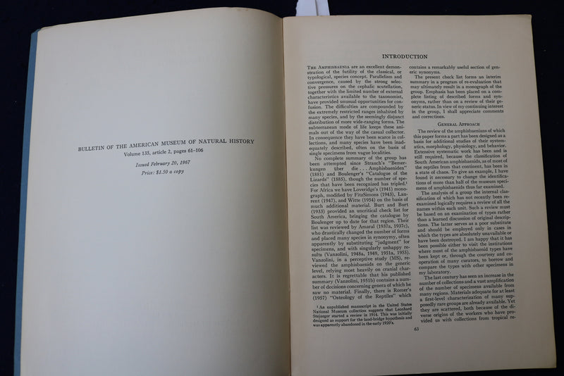 1967 A CHECK LIST OF RECENT AMPHISBAENIANS SOFTCOVER BOOK BY CARL GANS - K 955