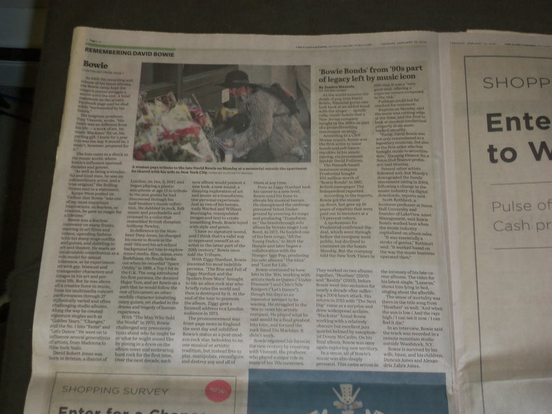 2016 JANUARY 12 STAR LEDGER NEWSPAPER - DAVID BOWIE DIED - 1947-2016