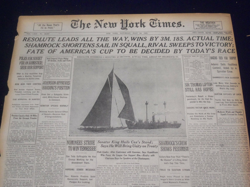 1920 JULY 24 NEW YORK TIMES - RESOLUTE WINS CUP TO BE DECIDED TODAY - NT 9339