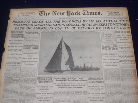 1920 JULY 24 NEW YORK TIMES - RESOLUTE WINS CUP TO BE DECIDED TODAY - NT 9339