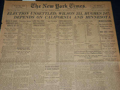 1916 NOVEMBER 9 NEW YORK TIMES - WILSON 251 HUGHES 247 ELECTION - NT 7688