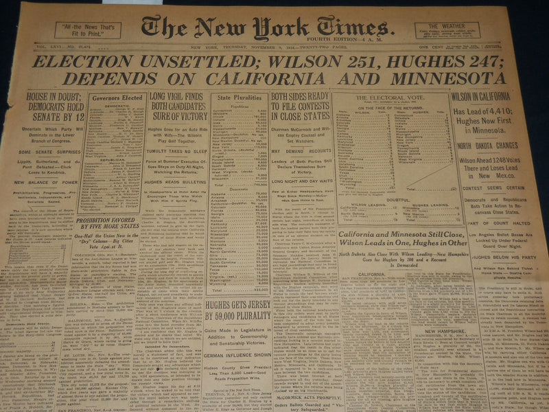 1916 NOVEMBER 9 NEW YORK TIMES - WILSON 251 HUGHES 247 ELECTION - NT 7688