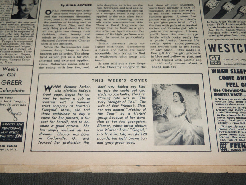 1950 JUNE 11 SUNDAY MIRROR MAGAZINE SECTION - ELEANOR PARKER COVER - J 2910