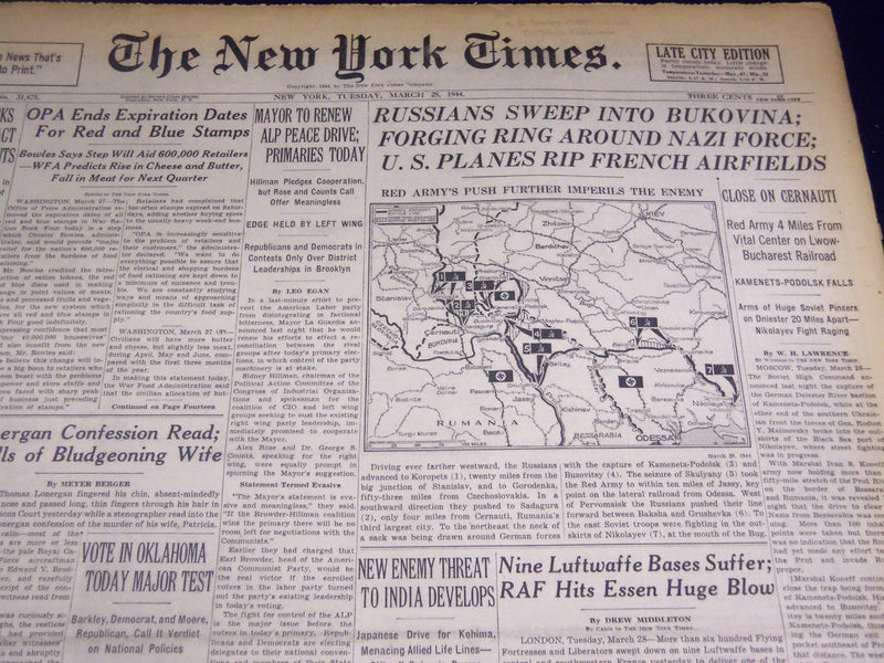 1944 MARCH 28 NEW YORK TIMES - RUSSIANS SWEEP INTO BUKOVINA - NT 3709
