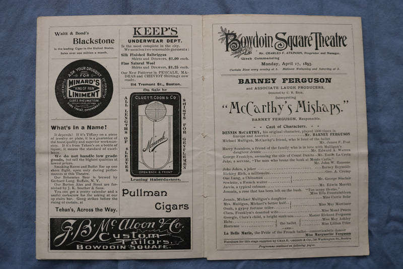 1892-1893 BOWDOIN SQUARE THEATRE PROGRAM - LOT OF 4 - BOSTON, MA - K 2608