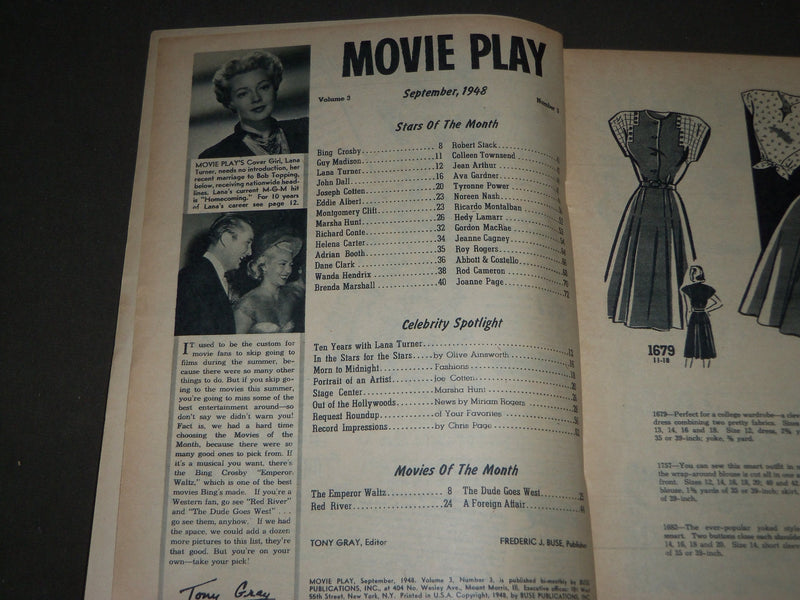 1948 SEPTEMBER MOVIE PLAY MAGAZINE - LANA TURNER COVER - GREAT PHOTOS - M 167