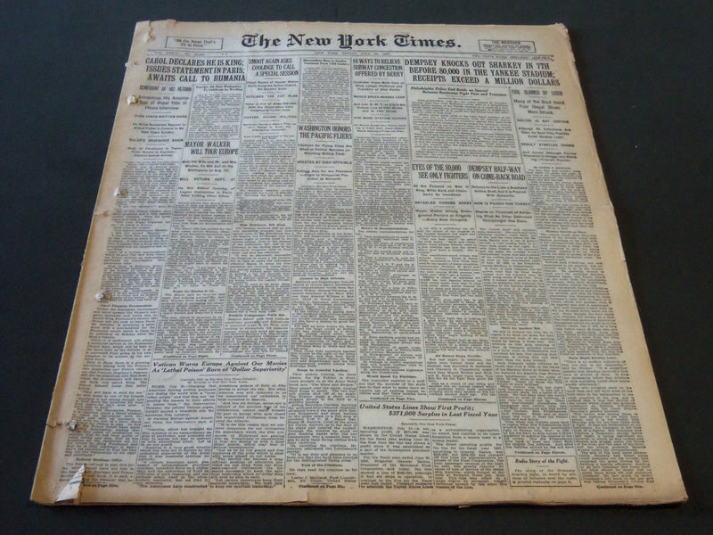 1927 JULY 22 NEW YORK TIMES - DEMPSEY KNOCKS OUT SHARKEY IN 7TH - NT 6479