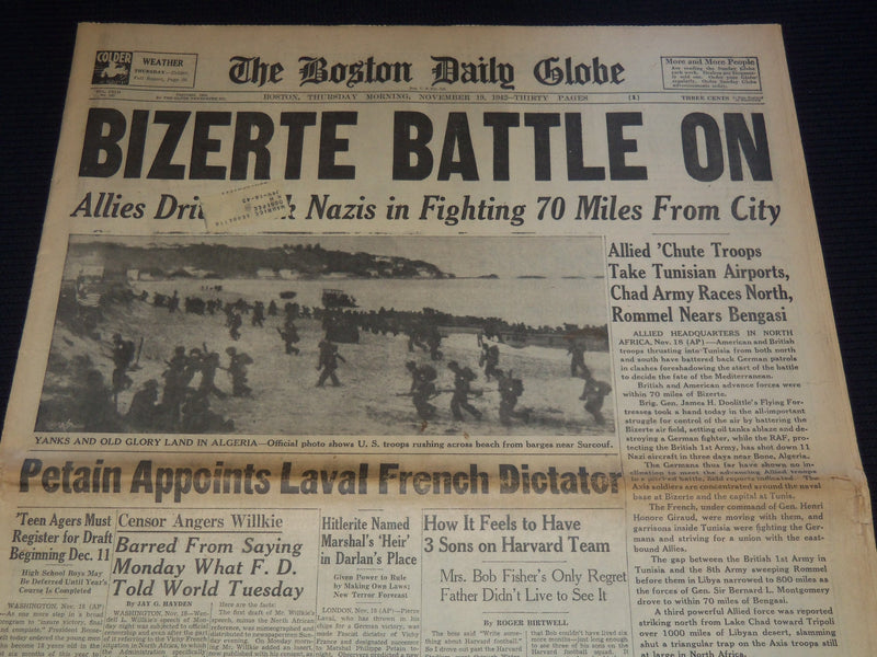 1942 NOVEMBER 19 BOSTON DAILY GLOBE NEWSPAPER - BIZERTE BATTLE ON - NT 9452