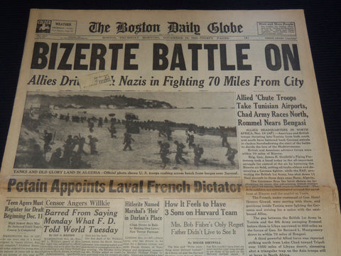 1942 NOVEMBER 19 BOSTON DAILY GLOBE NEWSPAPER - BIZERTE BATTLE ON - NT 9452