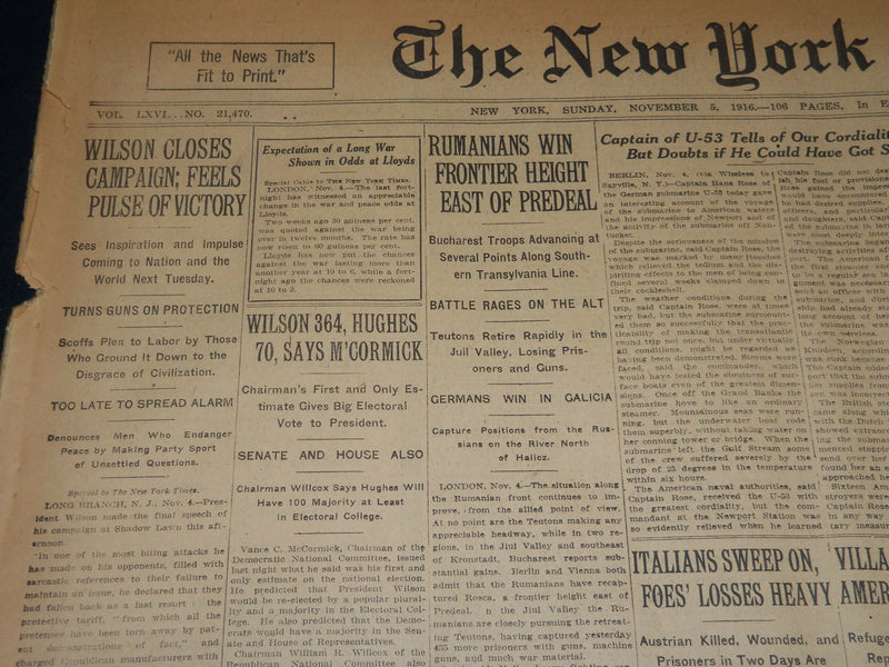 1916 NOVEMBER 5 NEW YORK TIMES - WILSON FEELS PULSE OF VICTORY - NT 7684