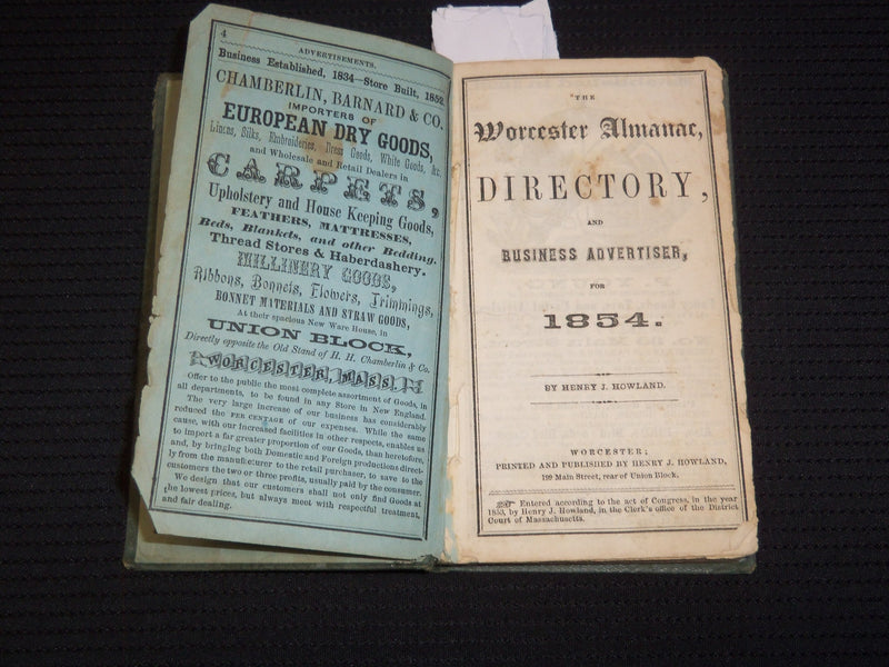 1854 WORCESTER ALMANAC DIRECTORY AND BUSINESS ADVERTISER - HENRY HOWLAND- J 9285