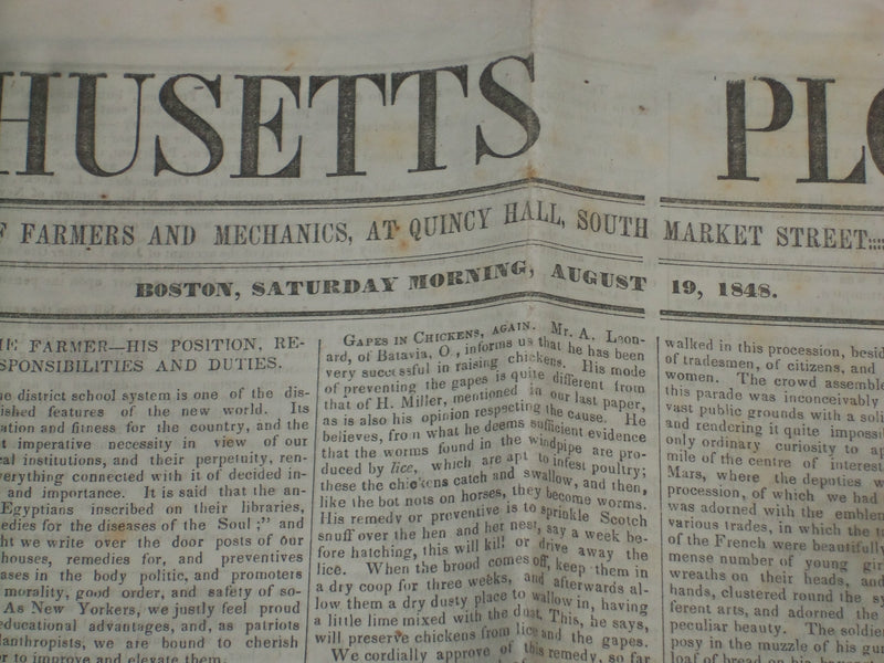 1848 AUGUST 19 MASSACHUSETTS PLOUGHMAN NEWSPAPER - OREGON BILL - NP 5153