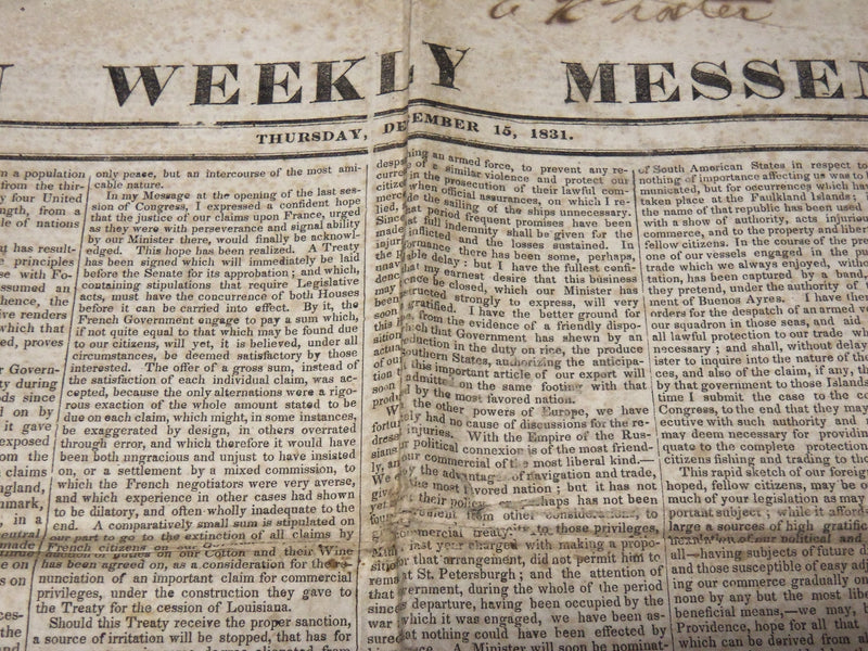1831 DECEMBER 15 BOSTON WEEKLY MESSENGER NEWSPAPER - JACKSON ADDRESS - NP 3879M